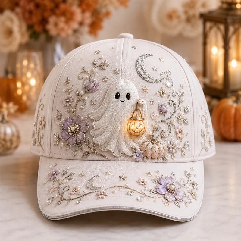 3D Halloween embroidery cap with ghost, lantern and floral stitching