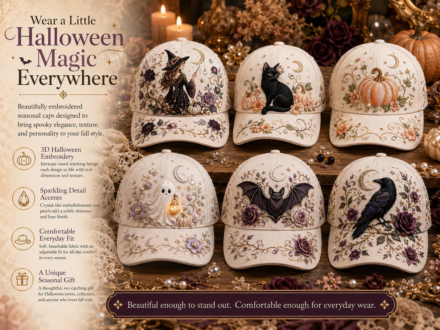 A range of Halloween embroidery cap designs